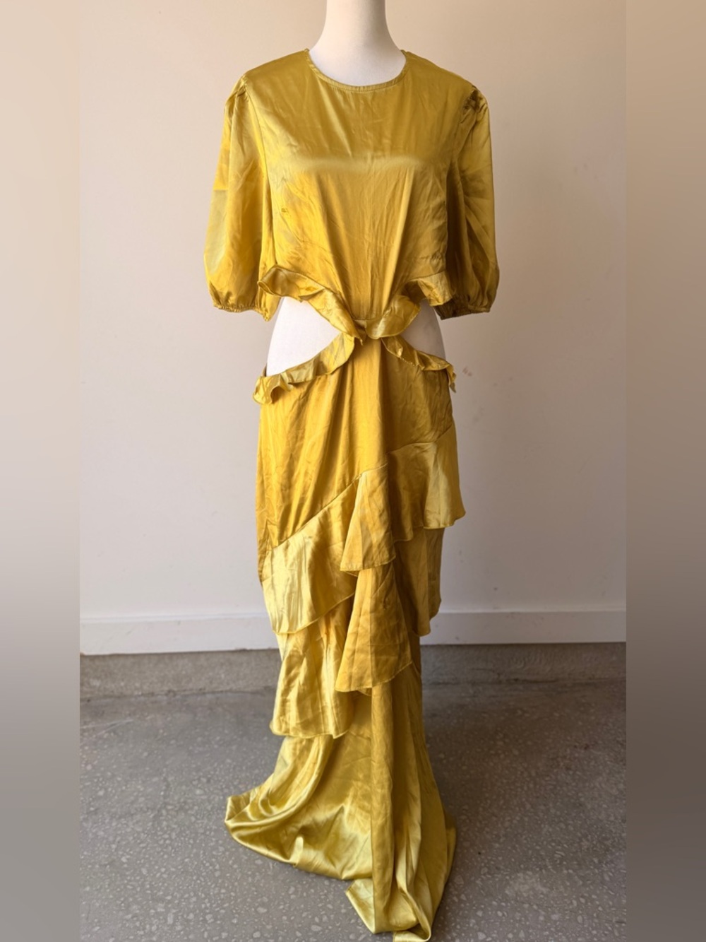 Boohoo Yellow Ruffle Cutout Satin Maxi Dress